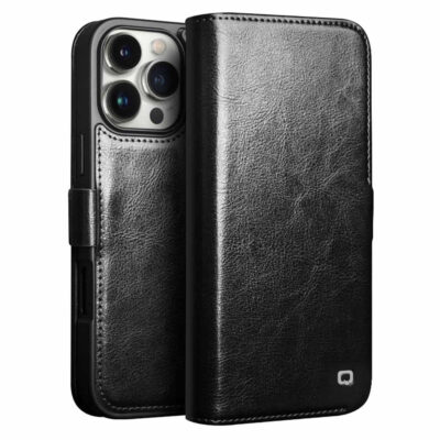 QIALINO For iPhone 16 Pro Case Genuine Cow Leather Wallet Magnetic Closure Phone Cover Black iPhone 16 Pro by The Case Factory