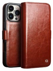 QIALINO For iPhone 16 Pro Case Genuine Cow Leather Wallet Magnetic Closure Phone Cover Brown iPhone 16 Pro by The Case Factory