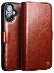 QIALINO For iPhone 16 Case Genuine Cow Leather Wallet Magnetic Closure Phone Cover Brown iPhone 16 by The Case Factory