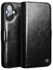 QIALINO For iPhone 16 Plus Case Genuine Cow Leather Wallet Magnetic Closure Phone Cover Black iPhone 16 Plus by The Case Factory