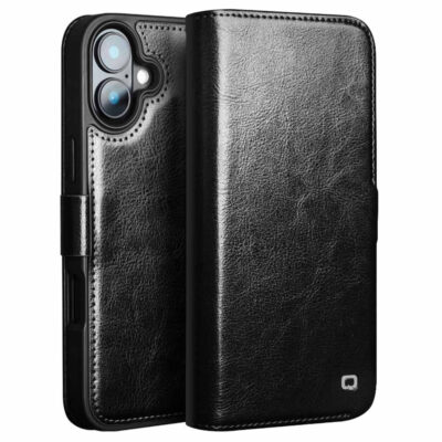 QIALINO For iPhone 16 Plus Case Genuine Cow Leather Wallet Magnetic Closure Phone Cover Black iPhone 16 Plus by The Case Factory