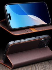 QIALINO For iPhone 16 Pro Max Stand Case Anti-Drop Genuine Cow Leather Wallet Phone Cover by The Case Factory