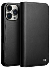 QIALINO For iPhone 16 Pro Stand Case Anti-Drop Genuine Cow Leather Wallet Phone Cover Black iPhone 16 Pro by The Case Factory