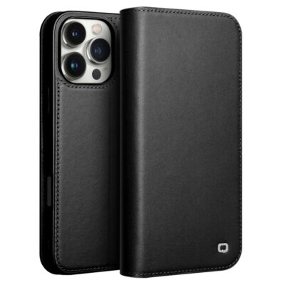 QIALINO For iPhone 16 Pro Stand Case Anti-Drop Genuine Cow Leather Wallet Phone Cover Black iPhone 16 Pro by The Case Factory