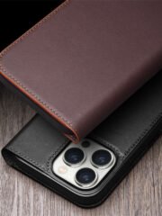 QIALINO For iPhone 16 Pro Stand Case Anti-Drop Genuine Cow Leather Wallet Phone Cover by The Case Factory