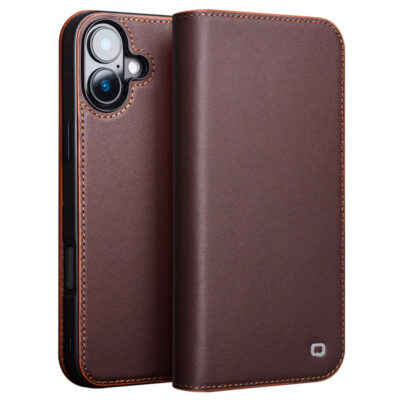QIALINO For iPhone 16 Stand Case Anti-Drop Genuine Cow Leather Wallet Phone Cover Brown iPhone 16 by The Case Factory