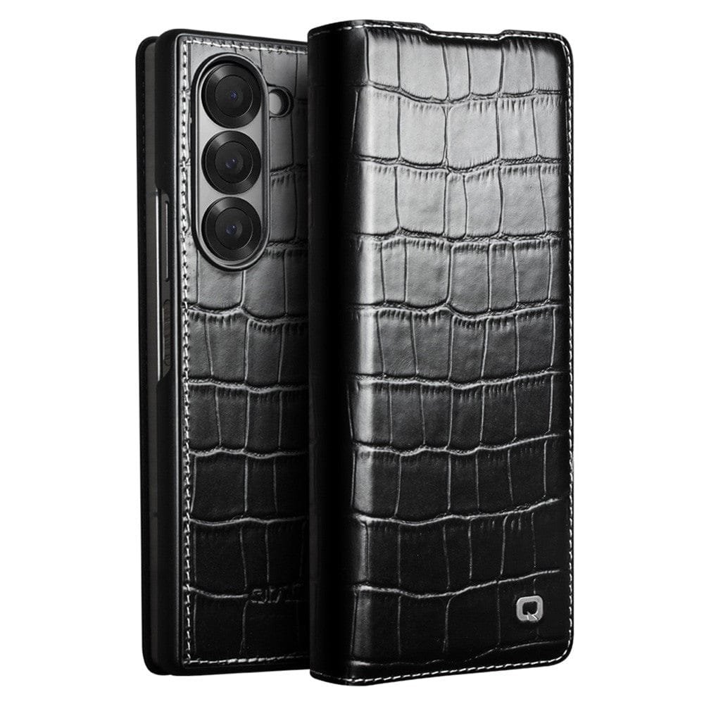 QIALINO For Samsung Galaxy Z Fold6 Case Crocodile Texture Genuine Leather Flip Phone Cover Black Samsung Galaxy Z Fold6 by The Case Factory