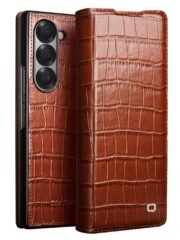 QIALINO For Samsung Galaxy Z Fold6 Case Crocodile Texture Genuine Leather Flip Phone Cover Brown Samsung Galaxy Z Fold6 by The Case Factory