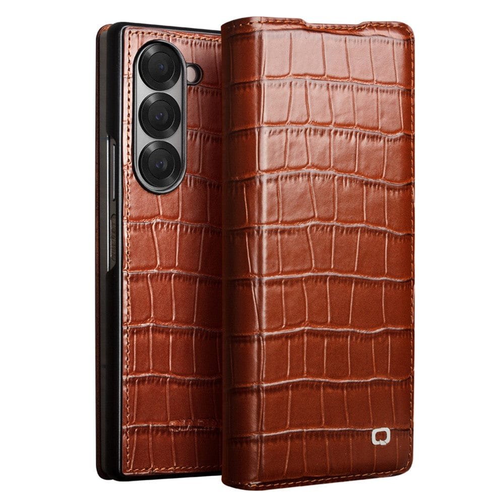 QIALINO For Samsung Galaxy Z Fold6 Case Crocodile Texture Genuine Leather Flip Phone Cover Brown Samsung Galaxy Z Fold6 by The Case Factory