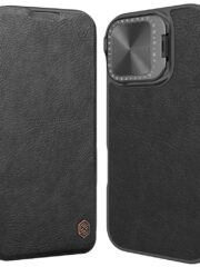 NILLKIN Qin Prop Series for iPhone 16 Leather Case Lens Kickstand Phone Cover Black iPhone 16 by The Case Factory