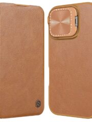 NILLKIN Qin Prop Series for iPhone 16 Leather Case Lens Kickstand Phone Cover Brown iPhone 16 by The Case Factory