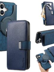 CASENEO For iPhone 16 Plus Case Magnetic Detachable Zipper Wallet Leather Flip Phone Cover Dark Blue iPhone 16 Plus by The Case Factory