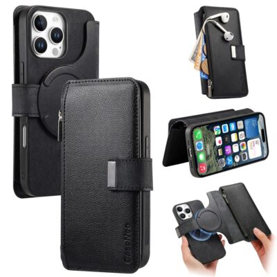 CASENEO For iPhone 16 Pro Case Magnetic Detachable Zipper Wallet Leather Flip Phone Cover Black iPhone 16 Pro by The Case Factory