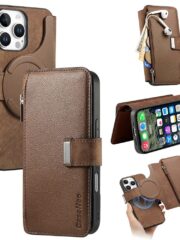 CASENEO For iPhone 16 Pro Case Magnetic Detachable Zipper Wallet Leather Flip Phone Cover Brown iPhone 16 Pro by The Case Factory