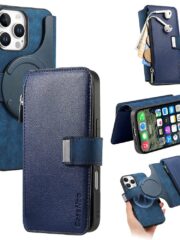 CASENEO For iPhone 16 Pro Case Magnetic Detachable Zipper Wallet Leather Flip Phone Cover Dark Blue iPhone 16 Pro by The Case Factory