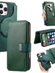 CASENEO For iPhone 16 Pro Case Magnetic Detachable Zipper Wallet Leather Flip Phone Cover Green iPhone 16 Pro by The Case Factory