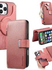 CASENEO For iPhone 16 Pro Case Magnetic Detachable Zipper Wallet Leather Flip Phone Cover Pink iPhone 16 Pro by The Case Factory