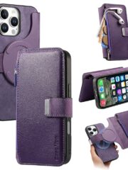 CASENEO For iPhone 16 Pro Case Magnetic Detachable Zipper Wallet Leather Flip Phone Cover Purple iPhone 16 Pro by The Case Factory