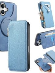 CASENEO For iPhone 16 Plus Case Cross Texture Leather Detachable Zipper Wallet Magnetic Phone Cover Blue iPhone 16 Plus by The Case Factory