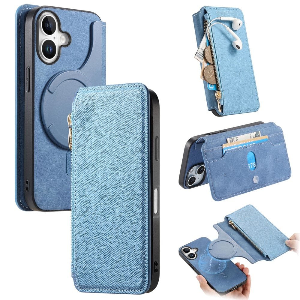 CASENEO For iPhone 16 Plus Case Cross Texture Leather Detachable Zipper Wallet Magnetic Phone Cover Blue iPhone 16 Plus by The Case Factory