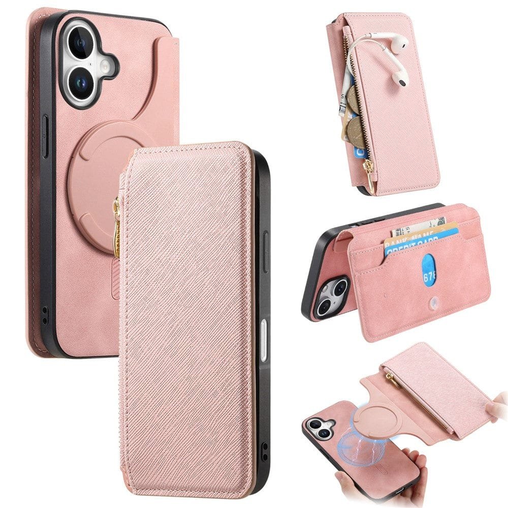 CASENEO For iPhone 16 Plus Case Cross Texture Leather Detachable Zipper Wallet Magnetic Phone Cover Pink iPhone 16 Plus by The Case Factory
