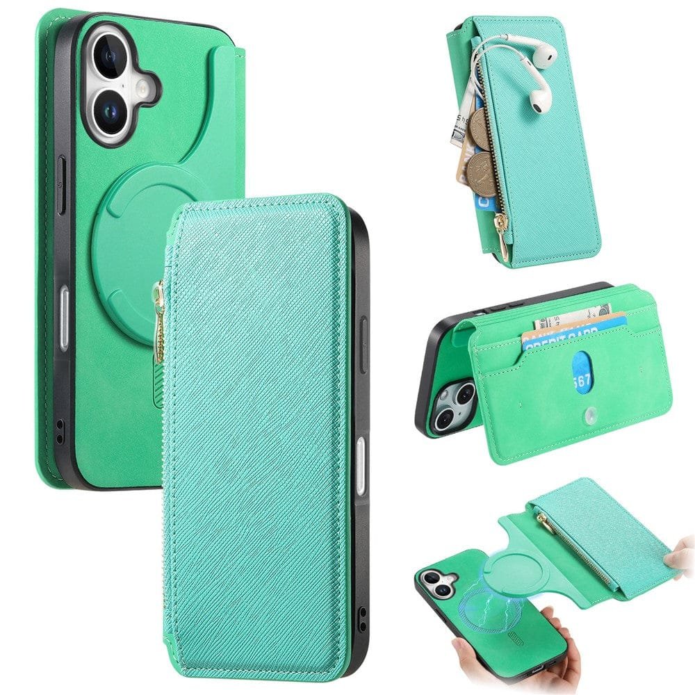 CASENEO For iPhone 16 Plus Case Cross Texture Leather Detachable Zipper Wallet Magnetic Phone Cover Green iPhone 16 Plus by The Case Factory