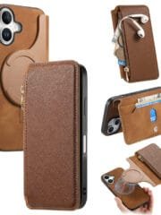 CASENEO For iPhone 16 Plus Case Cross Texture Leather Detachable Zipper Wallet Magnetic Phone Cover Brown iPhone 16 Plus by The Case Factory