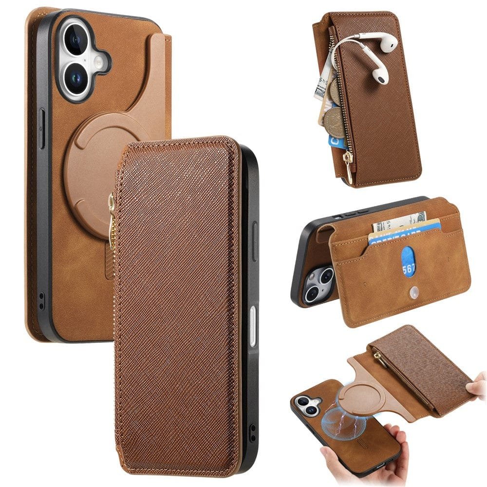 CASENEO For iPhone 16 Plus Case Cross Texture Leather Detachable Zipper Wallet Magnetic Phone Cover Brown iPhone 16 Plus by The Case Factory