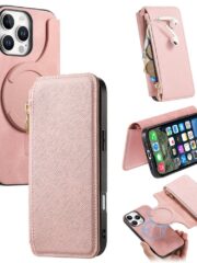 CASENEO For iPhone 16 Pro Max Case Cross Texture Leather Detachable Zipper Wallet Magnetic Phone Cover Pink iPhone 16 Pro Max by The Case Factory