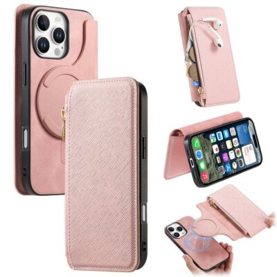 CASENEO For iPhone 16 Pro Max Case Cross Texture Leather Detachable Zipper Wallet Magnetic Phone Cover Pink iPhone 16 Pro Max by The Case Factory