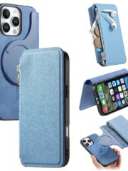CASENEO For iPhone 16 Pro Max Case Cross Texture Leather Detachable Zipper Wallet Magnetic Phone Cover Blue iPhone 16 Pro Max by The Case Factory