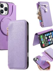 CASENEO For iPhone 16 Pro Max Case Cross Texture Leather Detachable Zipper Wallet Magnetic Phone Cover Purple iPhone 16 Pro Max by The Case Factory