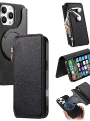 CASENEO For iPhone 16 Pro Max Case Cross Texture Leather Detachable Zipper Wallet Magnetic Phone Cover Black iPhone 16 Pro Max by The Case Factory