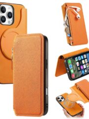CASENEO For iPhone 16 Pro Max Case Cross Texture Leather Detachable Zipper Wallet Magnetic Phone Cover Yellow iPhone 16 Pro Max by The Case Factory