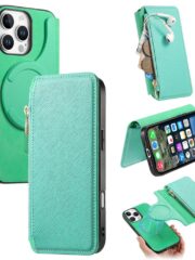CASENEO For iPhone 16 Pro Max Case Cross Texture Leather Detachable Zipper Wallet Magnetic Phone Cover Green iPhone 16 Pro Max by The Case Factory