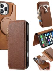 CASENEO For iPhone 16 Pro Max Case Cross Texture Leather Detachable Zipper Wallet Magnetic Phone Cover Brown iPhone 16 Pro Max by The Case Factory