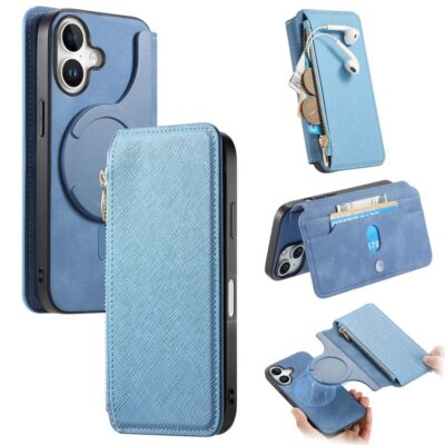 CASENEO For iPhone 16 Case Cross Texture Leather Detachable Zipper Wallet Magnetic Phone Cover Blue iPhone 16 by The Case Factory