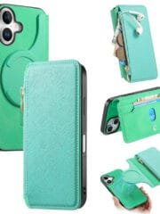 CASENEO For iPhone 16 Case Cross Texture Leather Detachable Zipper Wallet Magnetic Phone Cover Green iPhone 16 by The Case Factory