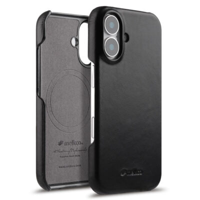 MELKCO For iPhone 16 Case Compatible with MagSafe Waxy Genuine Cow Leather PC Phone Back Cover Black iPhone 16 by The Case Factory