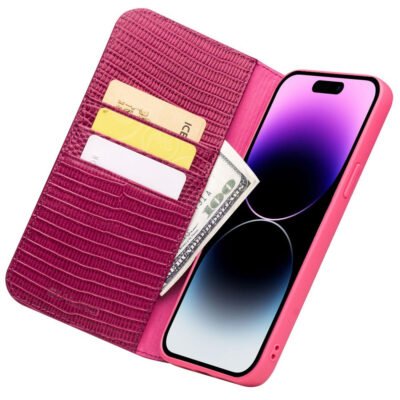 QIALINO For iPhone 14 Pro Max Genuine Leather Case Crocodile Texture Stand Wallet Folio Flip Phone Cover by The Case Factory