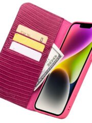 QIALINO for iPhone 14 Plus Case Scratch Resistant Wallet Stand Crocodile Texture Genuine Leather Anti-Shock Phone Cover by The Case Factory