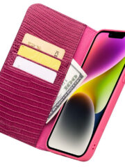 QIALINO for iPhone 14 Case Scratch Resistant Wallet Stand Crocodile Texture Genuine Leather Anti-Shock Phone Cover by The Case Factory