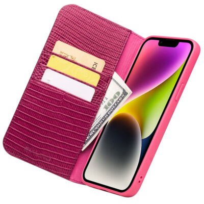 QIALINO for iPhone 14 Case Scratch Resistant Wallet Stand Crocodile Texture Genuine Leather Anti-Shock Phone Cover by The Case Factory