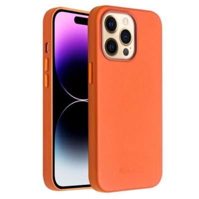 QIALINO for iPhone 14 Pro Max Case Magnetic Anti-Fall Genuine Leather Shockproof Phone Cover Orange iPhone 14 Pro Max by The Case Factory
