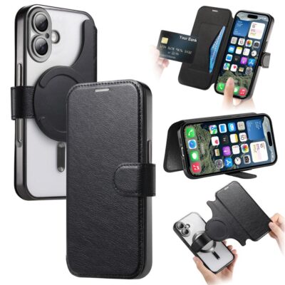 CASENEO For iPhone 16 Case Compatible with MagSafe Detachable Leather Phone Cover with Lens Film Black iPhone 16 by The Case Factory