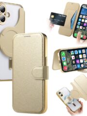 CASENEO For iPhone 16 Case Compatible with MagSafe Detachable Leather Phone Cover with Lens Film Gold iPhone 16 by The Case Factory