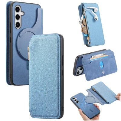 CASENEO For Samsung Galaxy S25 Ultra Magnetic Case Detachable Zipper Wallet Cross Texture Leather Phone Cover Blue Samsung Galaxy S25 Ultra by The Case Factory