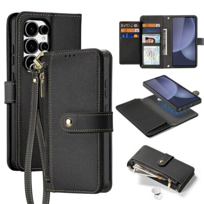 DUX DUCIS Lawa Series For Samsung Galaxy S25 Ultra Case Detachable Zipper Wallet Magnetic Cowhide Leather Cover Black Samsung Galaxy S25 by The Case Factory