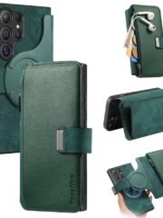 CASENEO MW-02 For Samsung Galaxy S25 Ultra Magnetic Case Detachable Zipper Wallet Leather Phone Cover Green Samsung Galaxy S25 Ultra by The Case Factory