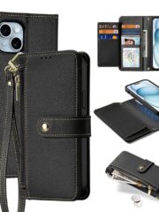 DUX DUCIS Lawa Series for iPhone 15 Case Detachable Zipper Wallet Cowhide Leather Cover | Compatible with MagSafe Black iPhone 15 by The Case Factory